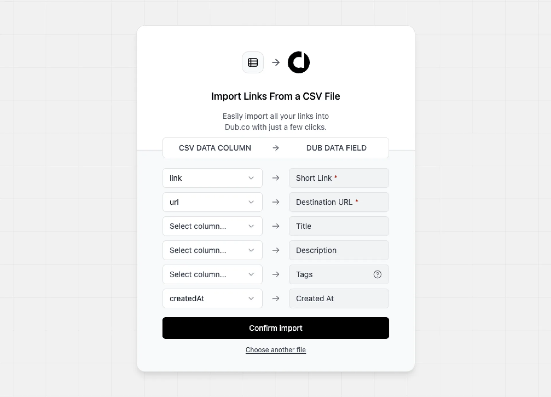 CSV import column mapping