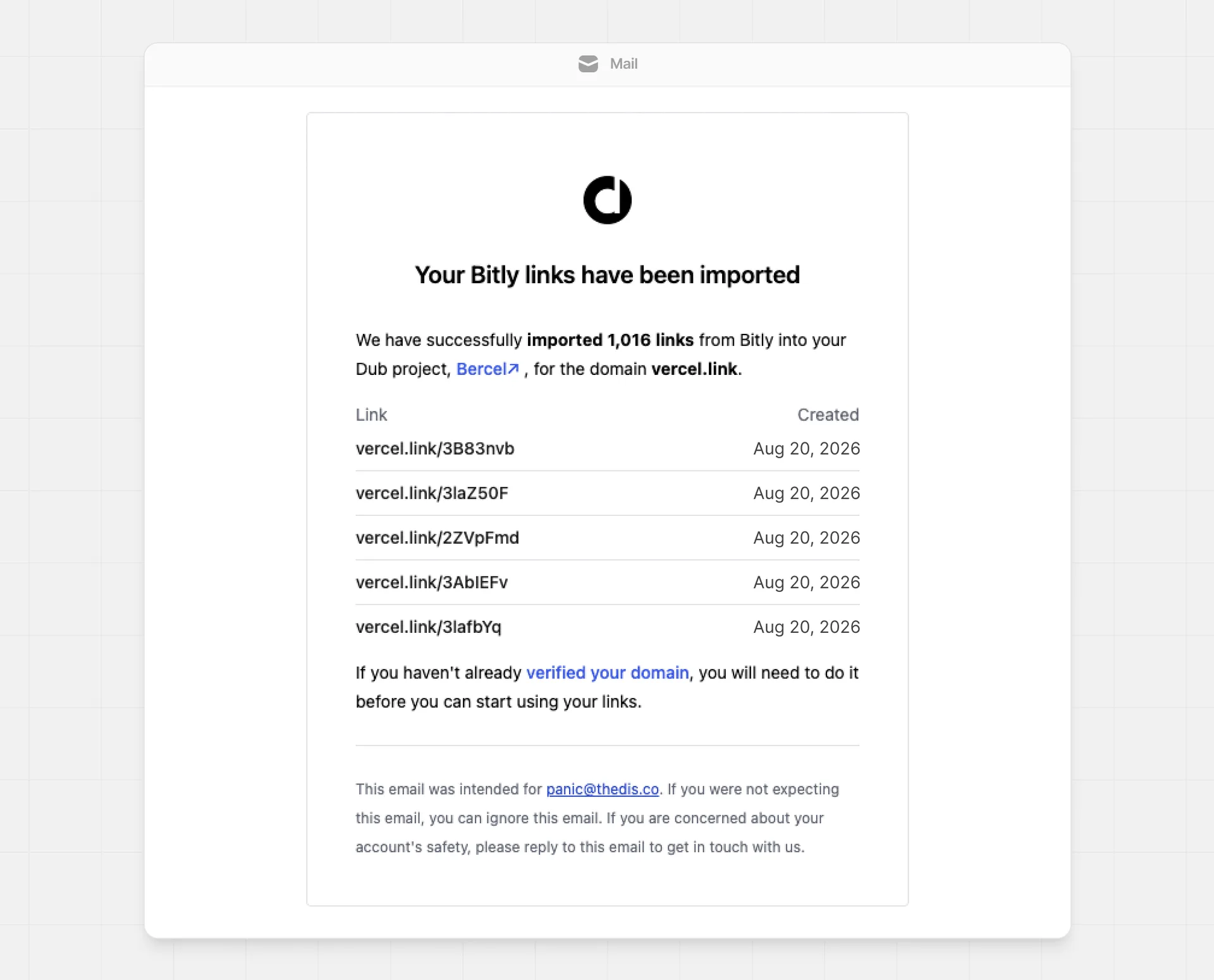 Email notification about completed Bitly migration