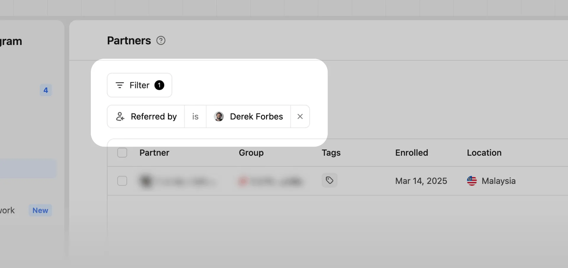 Partner referrals filtered table